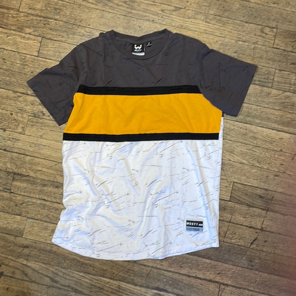 WESTY MFG CO. Rad grey golden yellow and white t shirt 80s 90s style